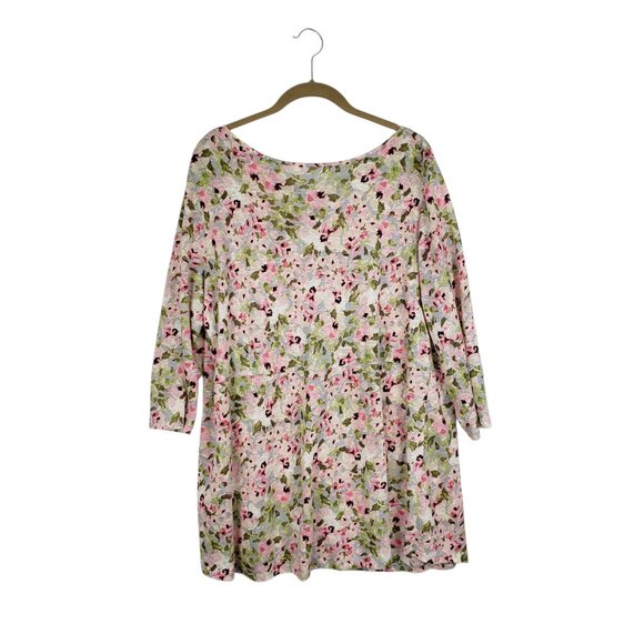 J Jill Love Linen Pink Floral Babydoll Tunic Top 3/4 Sleeve L Tie Back Keyhole - Picture 1 of 8